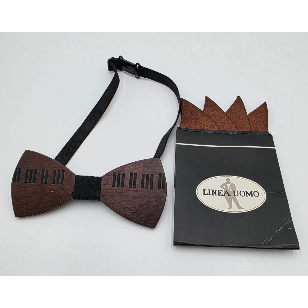 Mens Wooden Bow Tie and Linea Uomo Pocket Square Set Piano Keys Music Brownstone